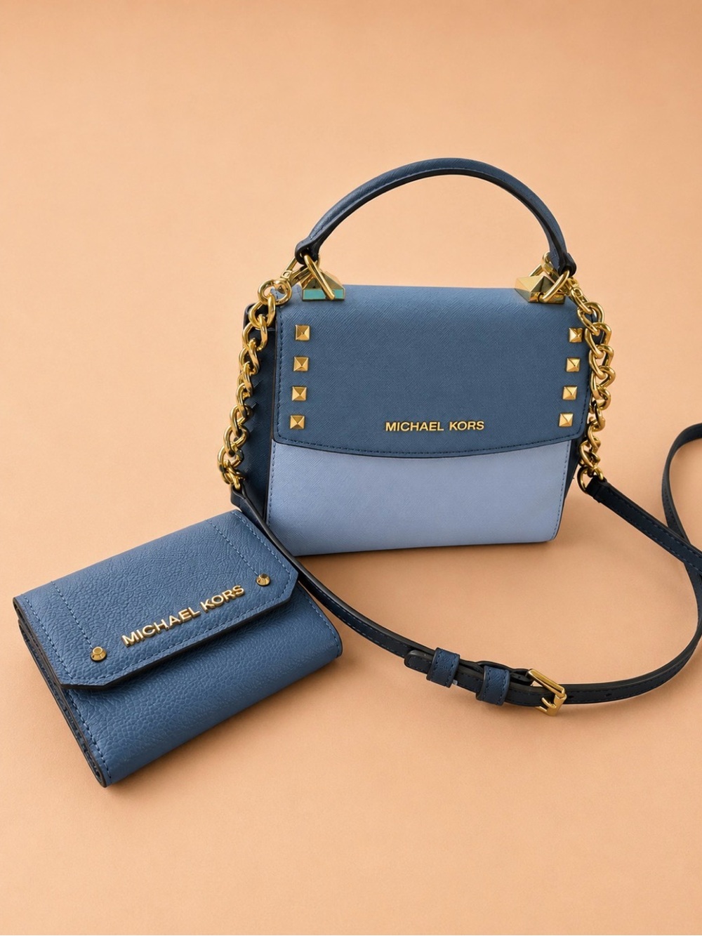 Michael Kors Two-Tone Blue Mini Satchel with Gold Hardware and matching wallet
